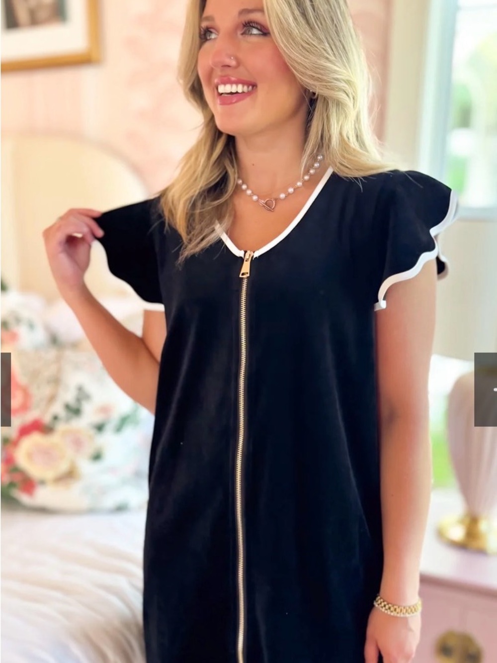 Black Zip-Front Ruffle Sleeve Robe with White Trim